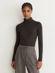 Reiss Chocolate Brown Ayla Rib-Knit Roll-Neck Top - Image 3 of 7