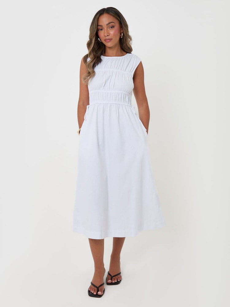Threadbare White Shirred Denim Drawstring Waist Midaxi Dress - Image 1 of 4 Threadbare White Shirred Denim Drawstring Waist Midaxi Dress - Image 1 of 4