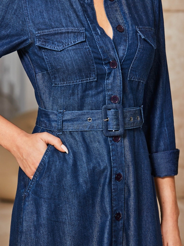 Sosandar Blue Smart Denim Fit N Flare Midaxi Dress - Image 5 of 5