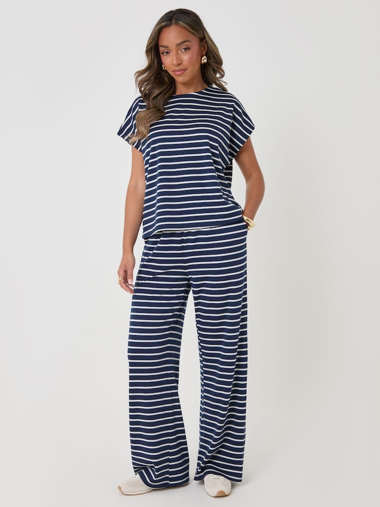 Threadbare Blue Stripe Jersey Co-ord Boxy Fit Top - Image 1 of 4 Threadbare Blue Stripe Jersey Co-ord Boxy Fit Top - Image 1 of 4