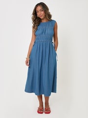 Threadbare Blue Shirred Denim Drawstring Waist Midaxi Dress - Image 1 of 4