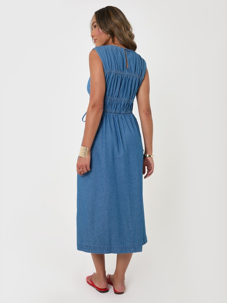 Threadbare Blue Shirred Denim Drawstring Waist Midaxi Dress - Image 2 of 4 Threadbare Blue Shirred Denim Drawstring Waist Midaxi Dress - Image 2 of 4