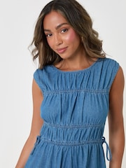 Threadbare Blue Shirred Denim Drawstring Waist Midaxi Dress - Image 4 of 4