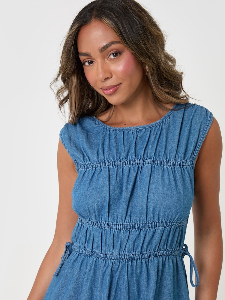 Threadbare Blue Shirred Denim Drawstring Waist Midaxi Dress - Image 4 of 4 Threadbare Blue Shirred Denim Drawstring Waist Midaxi Dress - Image 4 of 4