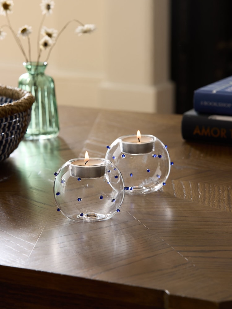 Nina Campbell Blue Dotty Glass Candle Holder Set of 2 Tealight - Image 1 of 5