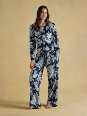 Joules Navy Spring Bird Floral Fleece Pyjama Set - Image 1 of 12