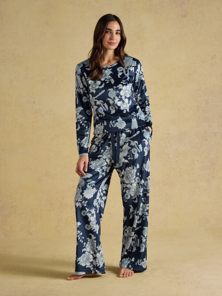 Joules Navy Spring Bird Floral Fleece Pyjama Set - Image 1 of 12 Joules Navy Spring Bird Floral Fleece Pyjama Set - Image 1 of 12