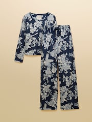 Joules Navy Spring Bird Floral Fleece Pyjama Set - Image 10 of 12