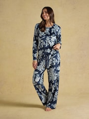 Joules Navy Spring Bird Floral Fleece Pyjama Set - Image 7 of 12