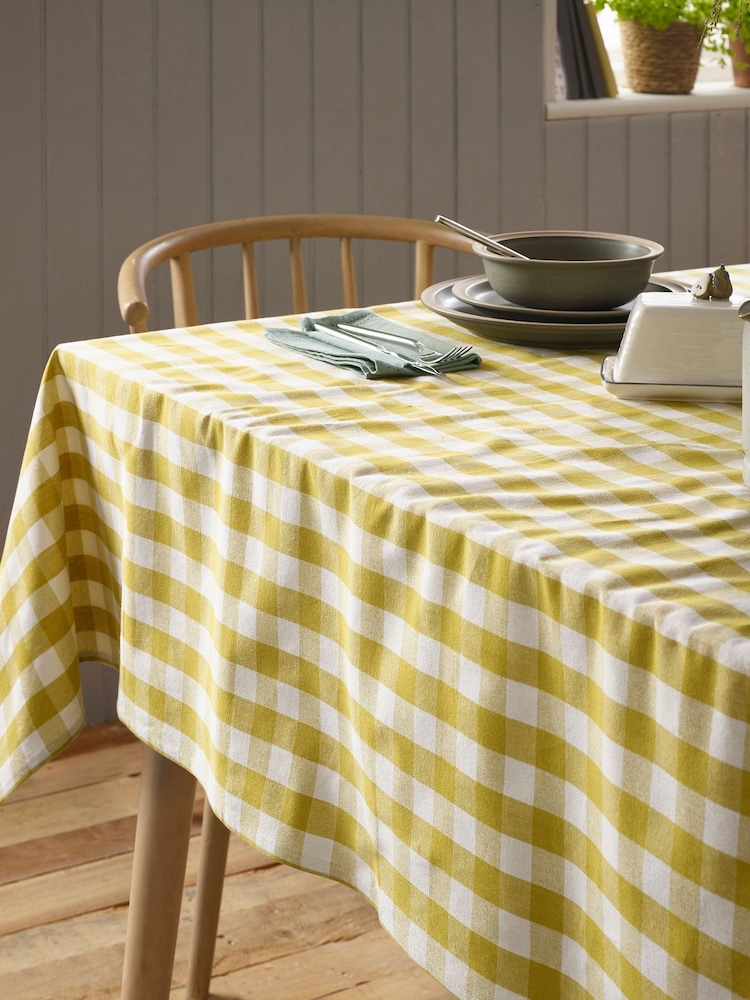 Ochre Yellow Gingham Cotton Tablecloth - Image 1 of 5