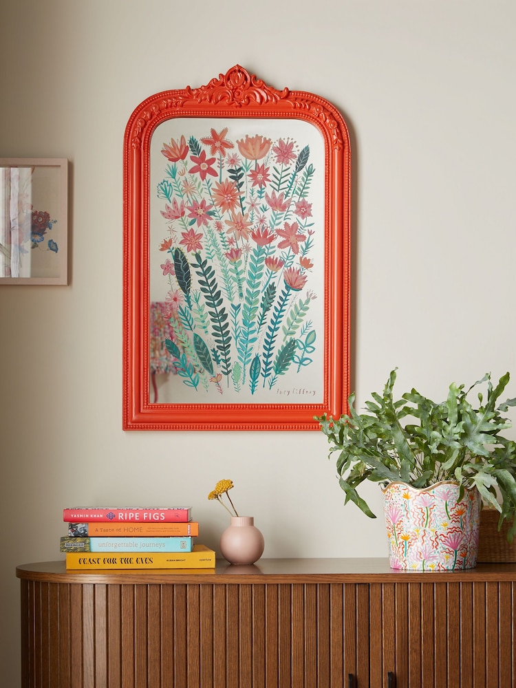 Lucy Tiffney Orange Floral Printed Framed Mirrored Wall Art - Image 1 of 4