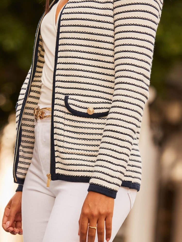 Sosandar Black Compact Knit Stripe Zip Trophy Cardigan - Image 4 of 4