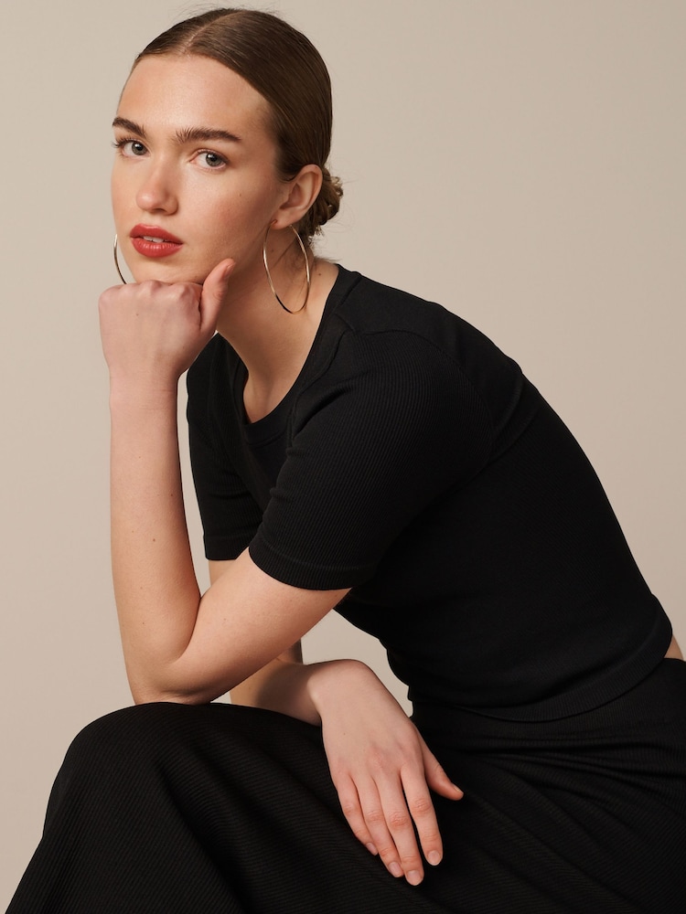 Black Slim Fit Ribbed Short Sleeve Top - Image 1 of 6