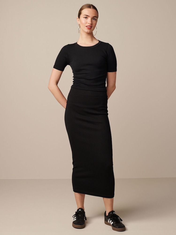 Black Slim Fit Ribbed Short Sleeve Top - Image 2 of 6