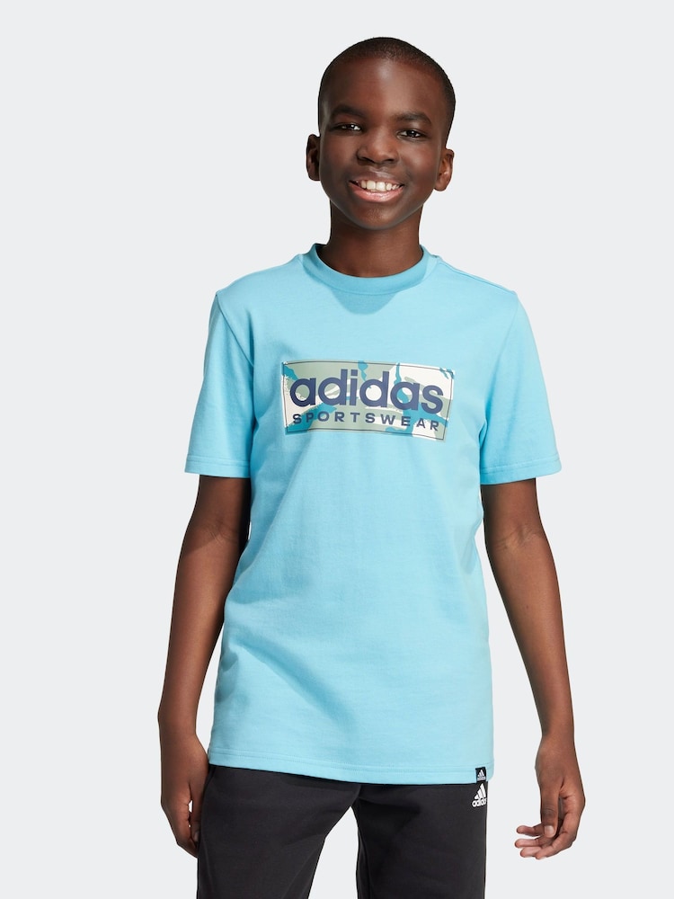 adidas Blue Kids Sportswear 100% Cotton Camo Linear Graphic T-Shirt - Image 1 of 11