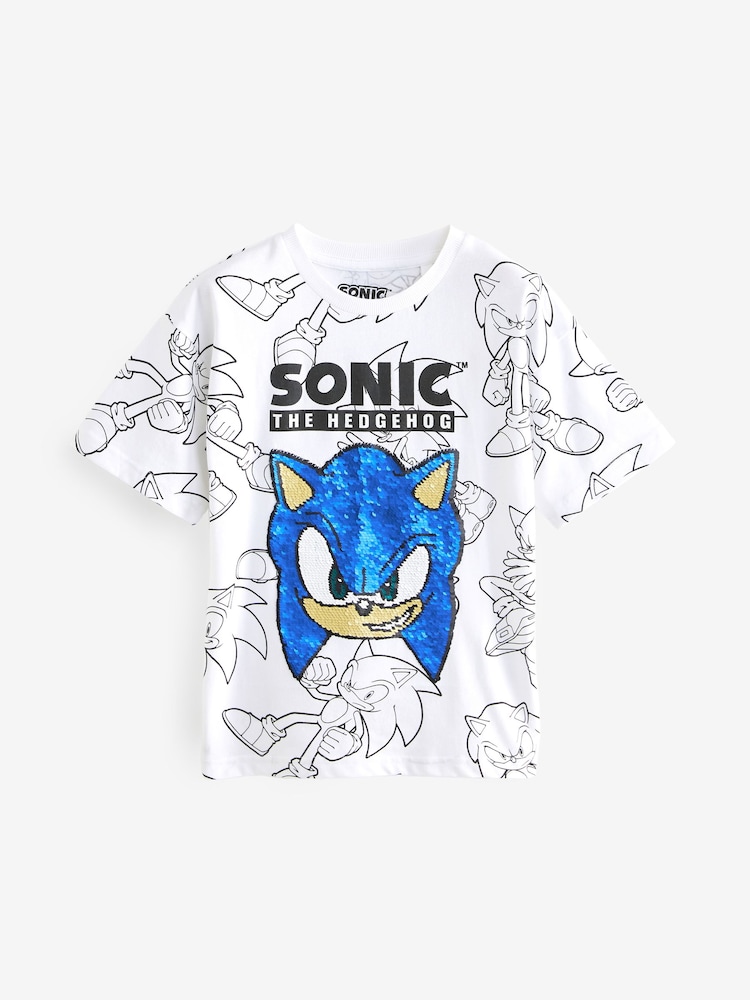 White/Black 100% Cotton Sonic Flippy Sequin T-Shirt (3-16yrs) - Image 1 of 4