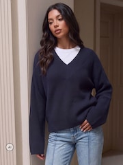 Threadbare Blue Deep Rib V-Neck Jumper - Image 1 of 5