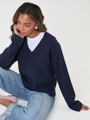 Threadbare Blue Deep Rib V-Neck Jumper - Image 2 of 5