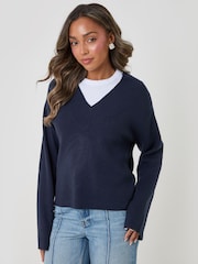 Threadbare Blue Deep Rib V-Neck Jumper - Image 4 of 5