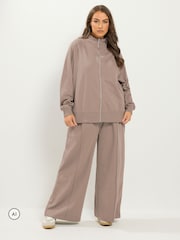 Yours Curve Brown Zip Through Funnel Neck Jacket Top & Wide Leg Joggers Set - Image 1 of 4