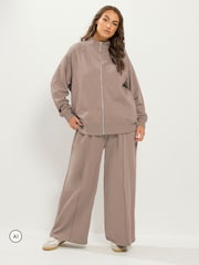 Yours Curve Brown Zip Through Funnel Neck Jacket Top & Wide Leg Joggers Set - Image 2 of 4