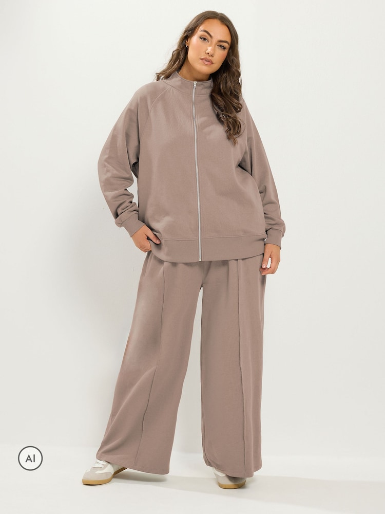 Yours Curve Brown Zip Through Funnel Neck Jacket Top & Wide Leg Joggers Set - Image 2 of 4 Yours Curve Brown Zip Through Funnel Neck Jacket Top & Wide Leg Joggers Set - Image 2 of 4