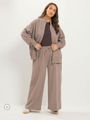 Yours Curve Brown Zip Through Funnel Neck Jacket Top & Wide Leg Joggers Set - Image 3 of 4