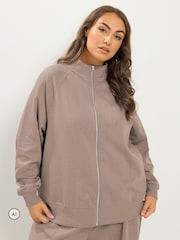 Yours Curve Brown Zip Through Funnel Neck Jacket Top & Wide Leg Joggers Set - Image 4 of 4