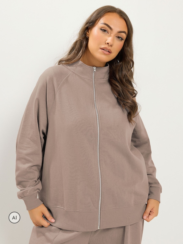 Yours Curve Brown Zip Through Funnel Neck Jacket Top & Wide Leg Joggers Set - Image 4 of 4 Yours Curve Brown Zip Through Funnel Neck Jacket Top & Wide Leg Joggers Set - Image 4 of 4