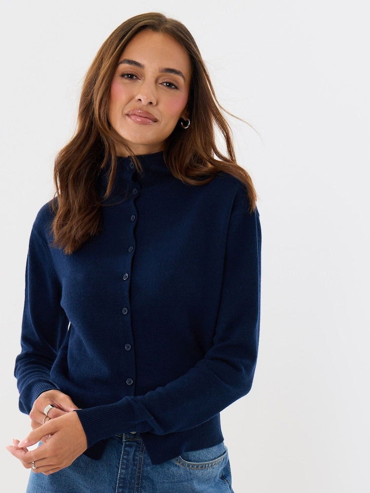 Threadbare Blue Compact Knit Funnel Neck Cardigan - Image 1 of 4