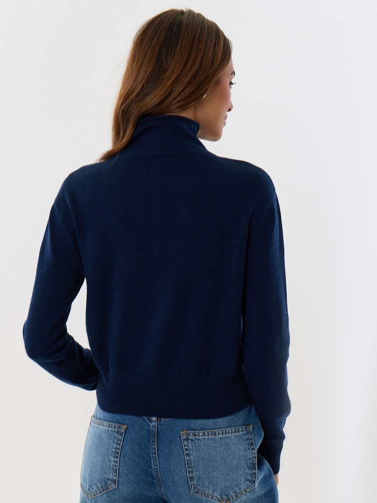 Threadbare Blue Compact Knit Funnel Neck Cardigan - Image 2 of 4
