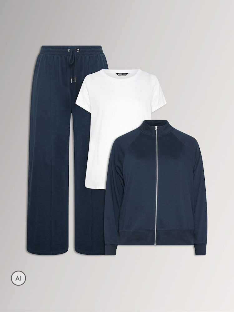 Yours Curve Blue Zip Through Funnel Neck Jacket Top & Wide Leg Joggers Set - Image 1 of 9 Yours Curve Blue Zip Through Funnel Neck Jacket Top & Wide Leg Joggers Set - Image 1 of 9
