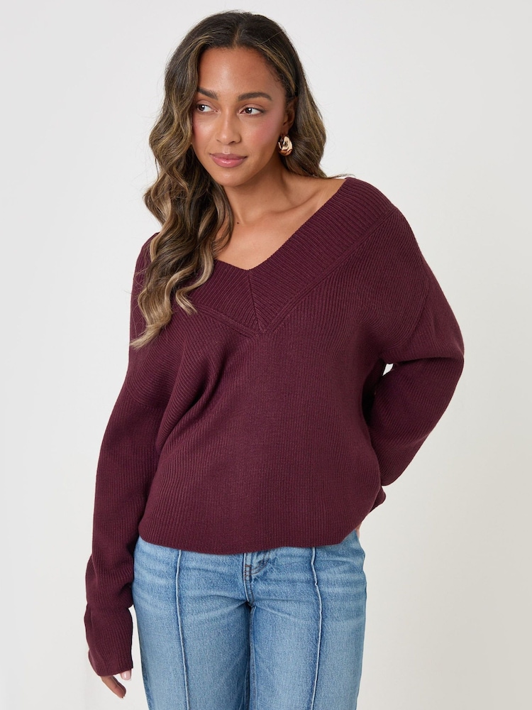 Threadbare Red Deep Rib V-Neck Jumper - Image 1 of 5