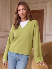 Threadbare Green Deep Rib V-Neck Jumper - Image 1 of 5