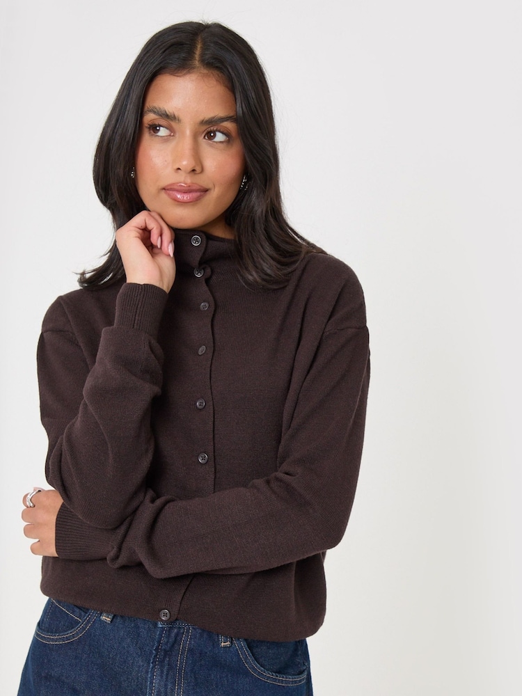 Threadbare Brown Compact Knit Funnel Neck Cardigan - Image 1 of 4 Threadbare Brown Compact Knit Funnel Neck Cardigan - Image 1 of 4