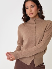 Threadbare Light Brown Compact Knit Funnel Neck Cardigan - Image 1 of 4