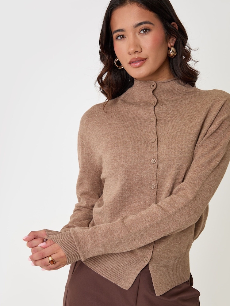 Threadbare Light Brown Compact Knit Funnel Neck Cardigan - Image 1 of 4