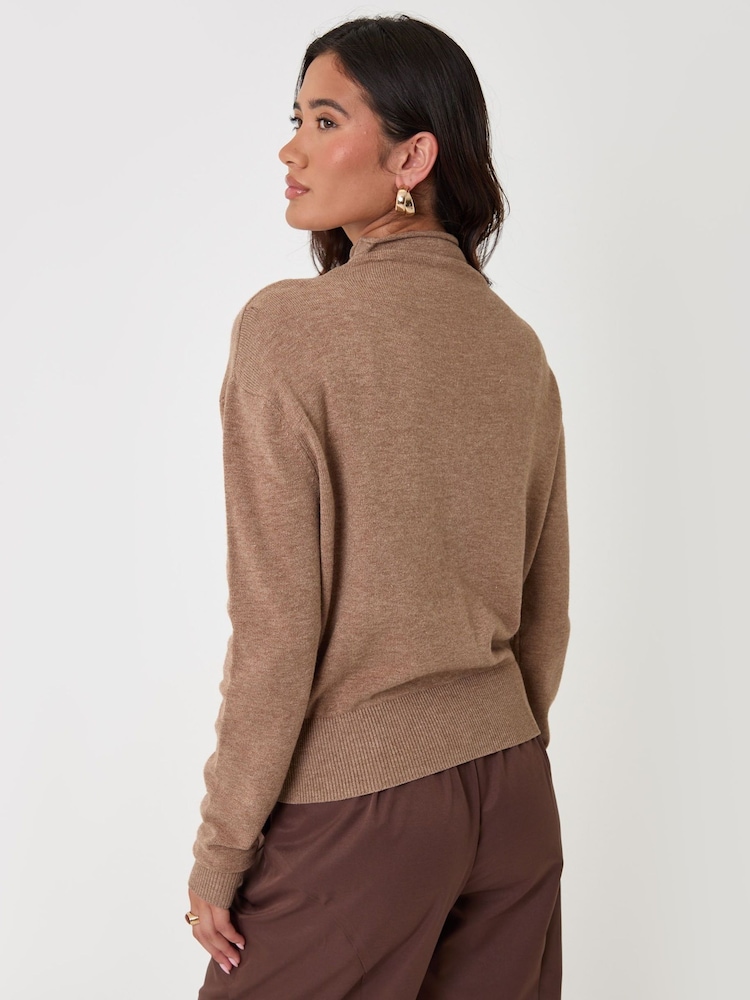 Threadbare Light Brown Compact Knit Funnel Neck Cardigan - Image 2 of 4
