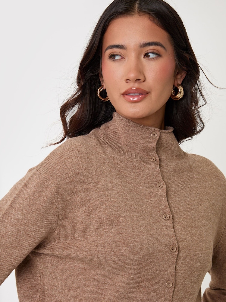 Threadbare Light Brown Compact Knit Funnel Neck Cardigan - Image 4 of 4