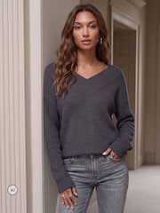 Threadbare Grey Deep Rib V-Neck Jumper - Image 1 of 5