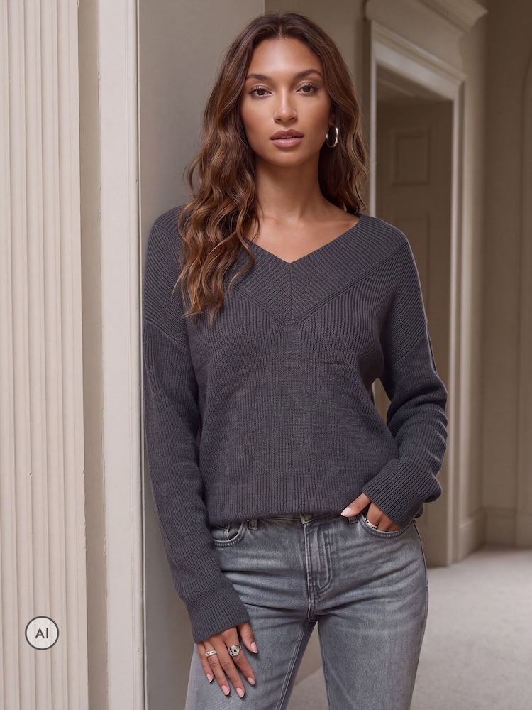 Threadbare Grey Deep Rib V-Neck Jumper - Image 1 of 5 Threadbare Grey Deep Rib V-Neck Jumper - Image 1 of 5