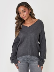 Threadbare Grey Deep Rib V-Neck Jumper - Image 2 of 5