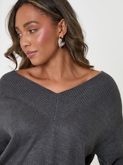 Threadbare Grey Deep Rib V-Neck Jumper - Image 4 of 5