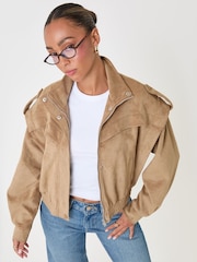 Threadbare Brown Faux Suede Cape Shoulder Bomber Jacket - Image 1 of 4