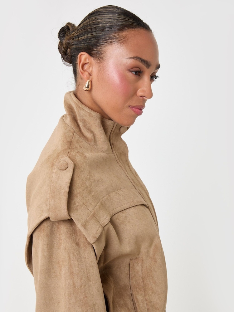 Threadbare Brown Faux Suede Cape Shoulder Bomber Jacket - Image 4 of 4