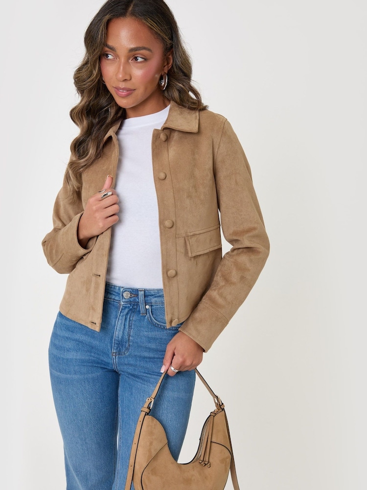 Threadbare Brown Faux Suede Collared Jacket - Image 1 of 4