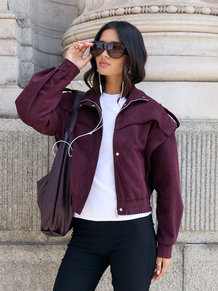 Threadbare Red Faux Suede Cape Shoulder Bomber Jacket - Image 1 of 5