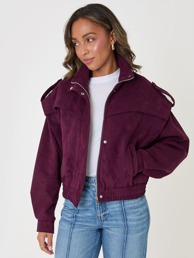 Threadbare Red Faux Suede Cape Shoulder Bomber Jacket - Image 2 of 5