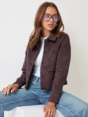 Threadbare Dark Brown Faux Suede Collared Jacket - Image 1 of 5