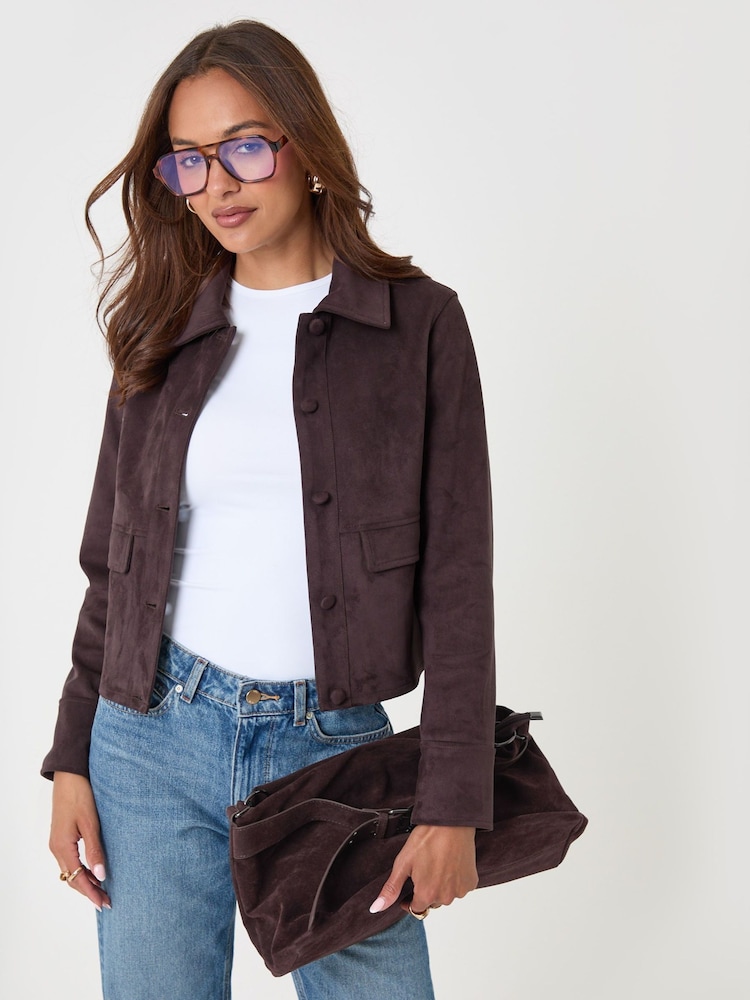 Threadbare Dark Brown Faux Suede Collared Jacket - Image 1 of 5 Threadbare Dark Brown Faux Suede Collared Jacket - Image 1 of 5